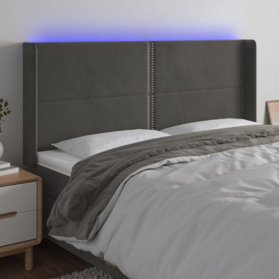 vidaXL Tăblie de pat cu LED, gri &amp;icirc;nchis, 163x16x118/128 cm, catifea foto