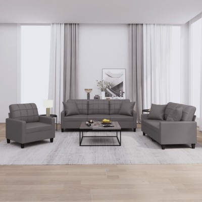 vidaXL Set de canapele cu perne, 3 piese, gri, piele ecologică foto