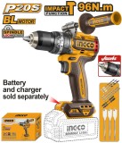 Masina de Gaurit si Insurubat cu Impact 20V INGCO CIDLI209685, 96Nm, brushless, 2 viteze 0-550/2100 rpm, 31500 bpm, mandrina metalica 13 mm, fara acum
