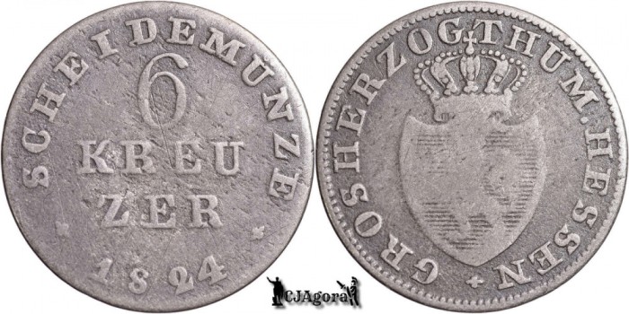 1824, 6 Kreuzer - Ludovic I - Marele Ducat de Hessen-Darmstadt