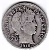 SUA One Dime=10 Cents 1910 argint 90% aprox 2,5 gr.necuratata cu patina, America de Nord
