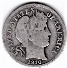 SUA One Dime=10 Cents 1910 argint 90% aprox 2,5 gr.necuratata cu patina
