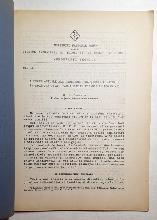 Monografie 1931 &ndash; C. I. Budeanu: Aspecte ale tracţiunii electrice &icirc;n Rom&acirc;nia