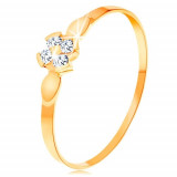 Inel din aur galben de 14K - floare compusă din patru zirconii transparente, frunze lucioase - Marime inel: 65