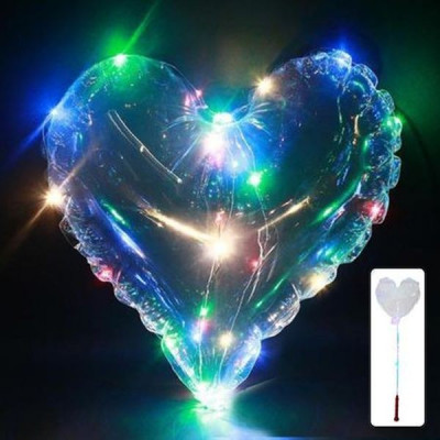 Balon cu LED multicolor, diametru 40 cm, forma inimioara, suport tip bat foto