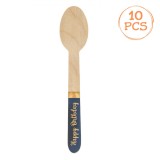 Set Lingurițe Petrecere Lemn, Model Happy Birthday, M&acirc;ner Albastru Aurie, 16cm, 10 Bucăți, Oem