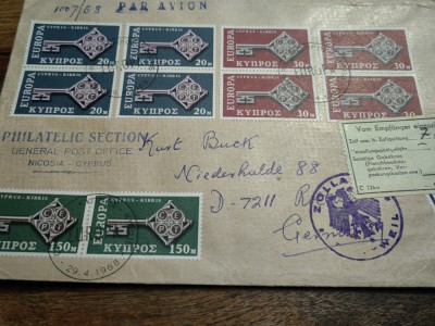 Plic filatelic circulat Cipru-Nicosia, 1968, recomandat, Francatura grea foto
