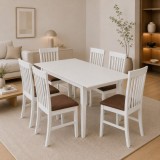 Set masa living extensibila Miami, MDF, lemn masiv, 120 150 x 80 x 73.8 cm si 6 scaune, lemn masiv Glendale, stofa,100 kg, 93x49x41.5 cm, alb maro