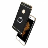 Husa iPhone 7 Luxury Black Plated cu Inel + Folie Protectie Ecran, MyStyle, Protectie Camera, PC Textura Metalica, Neagra