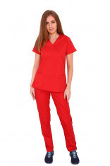 Costum medical rosu cu bluza in forma Y cambrata si pantaloni rosii 2XL INTL foto