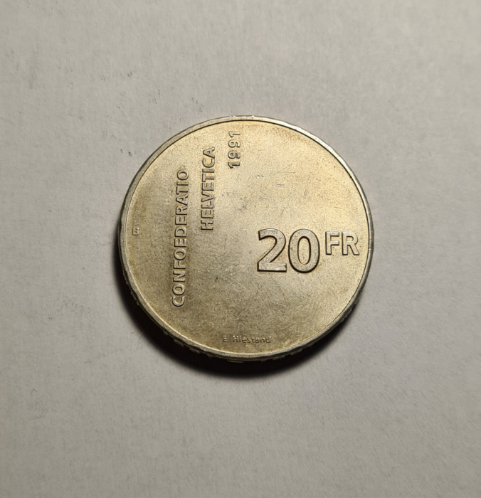 Elveția 20 Franci 1991 UNC Argint