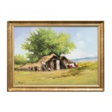 Tablou pictat manual inramat, Peisaj rural, coliba pe camp, 80x60cm ulei pe panza, Geo Ungureanu - Magnific!