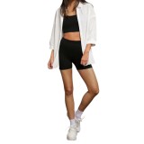 Set Sport-Casual Dama 3 Piese , Top Bustiera, Pantaloni Scurti Compresie si Camasa Larga - XS, Alb