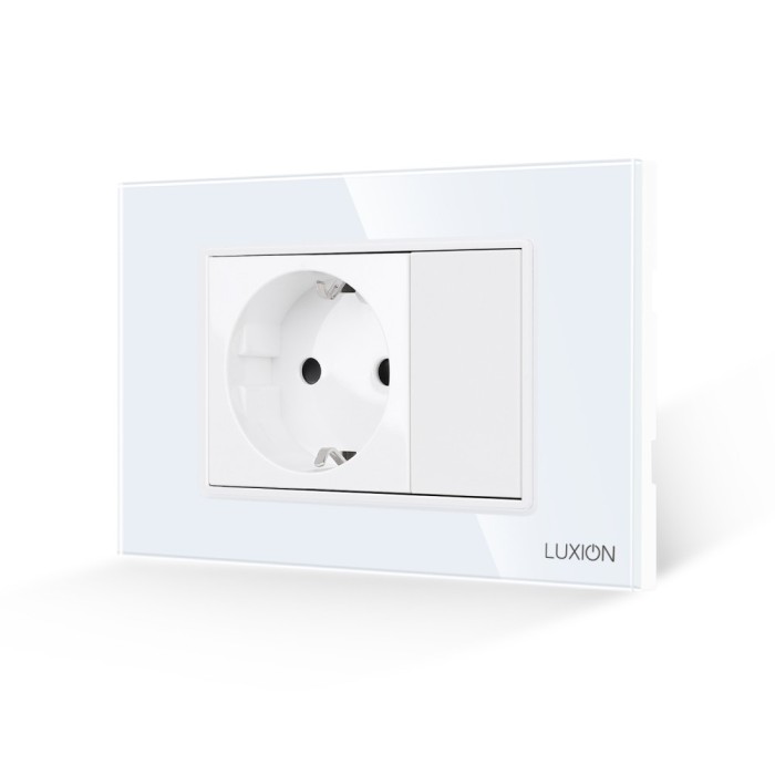 Priza Simpla si 1 Tasta Falsa cu Rama din Sticla LUXION, Standard Italian, 3M SmartElectro IntelligentHouse