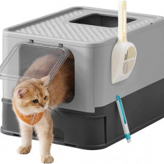 Litiera cu capac pentru pisici, Feandrea, cu 2 iesiri, pliabila, 54.3 x 42.5 x 37.8 cm, max 15 kg, gri inchis