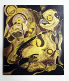 Simbioza - Pictura abstracta - semnata Carmen S. Flack &#039;08 - culori predominante galben, auriu, negru - panza pe cadru 70x80 cm - fara rama