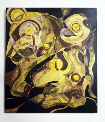 Simbioza - Pictura abstracta - semnata Carmen S. Flack &amp;#039;08 - culori predominante galben, auriu, negru - panza pe cadru 70x80 cm - fara rama foto