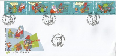 |Romania, LP 1572/2001, Benzi desenate, straif de 5 marci, FDC foto