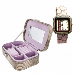 Pachet cutie caseta eleganta Pufo Glamour pentru depozitare bijuterii, imprimeu crocodil + Ceas dreptunghiular elegant de dama foto