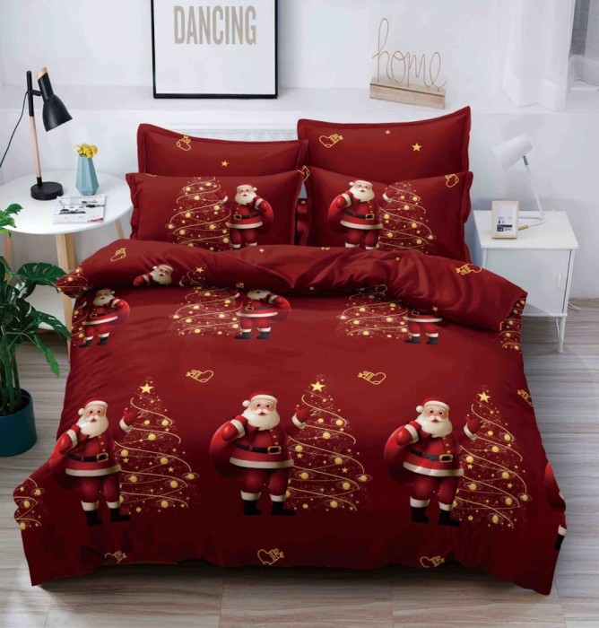 Lenjerie pat de Craciun cu elastic,pat dublu,bumbac finet,6 piese,rosie cu Mos Craciun-A925