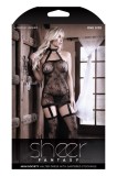 Fantasy Lingerie Rochie Bodystocking Halter Negru Imprimeu Frunza Ciorapi Atasati Marime Unica OS