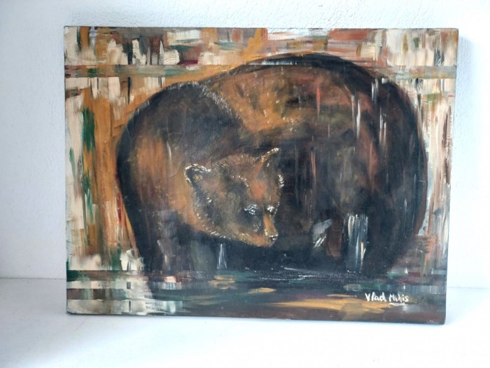Pictura in ulei - Urs, semnata Vlad Mihis, panza pe rama de lemn, 31x41cm