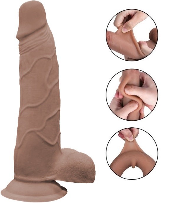 Dildo Evan Sliding&amp;Bendable, TPE Strat Dublu, Caramel, 22 cm, Passion Labs