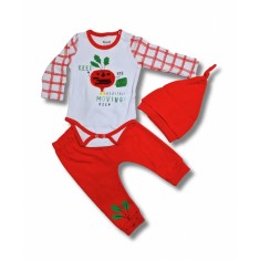 Set body, pantaloni si caciulita legume rosu bebelusi bumbac 3-9 luni