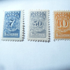 3 Timbre Salvador 1919 Taxe , val. 7 , 10 , 50c sarniera