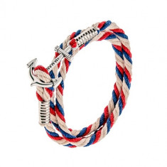 Brățară &icirc;mpletită din șnururi, albastru, roșu și două albe, ancoră