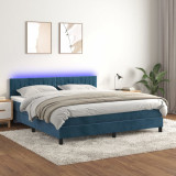 Gossi pat cu arcuri, saltea si led, bleumarin, 160x200 cm, catifea