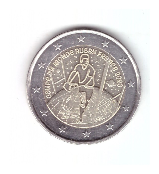 Moneda 2 euro Franta 2023 Campionatele Mondiale de Rugby, cu luciu