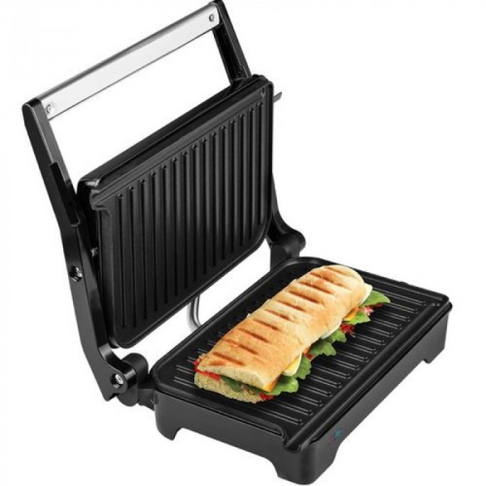 Sandwich-maker &amp;amp; grill ECG Panini, 1200 W, 165 x 260 mm, placi antiaderente, otel inoxidabil, Negru