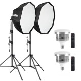 Cumpara ieftin Set iluminare studio cu 2 softbox reglabile, 2 trepiede 200 cm, 2 becuri LED 105W lumina rece, 2 telecomenzi, filet 1 4