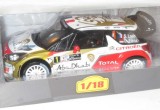 Macheta auto Citroen DS3 WRC Loeb-Elena scara 1:18 alb rosu si auriu
