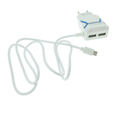 Incarcator la priza Euro, 2 porturi USB, DC 5V 3.1A, si cablu 85 cm cu conector microUSB, alb cu albastru foto