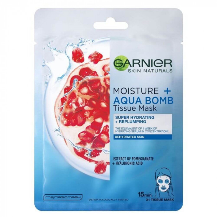 Masca Servetel Garnier Skin Naturals Moisture +Aqua Bomb cu Rodie, 28 g, Masca Servetel Revitalizanta, Masca Hidratare Ten, Masca Servetel cu Rodie, M
