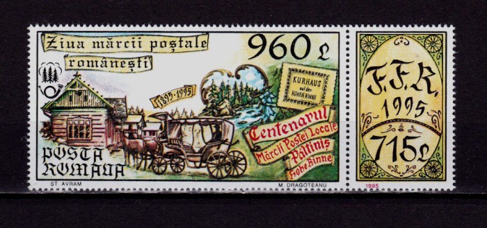 ✅ RO 1995 LP 1384a &quot;Ziua marcii postale&quot; centenar Hohe Rinne ,serie+vinieta, MNH
