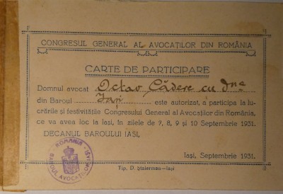 Carte de participare Congresul general al avocaților, stampila regalista Iași foto