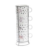 Set 4 cesti albe 250 ml din ceramice cu suport metalic si imprimeu inimi