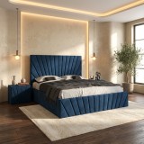 Pat Tapitat Leon Albastru Catifea Premium Cu Noptiere Tapitate Expediere rapidă