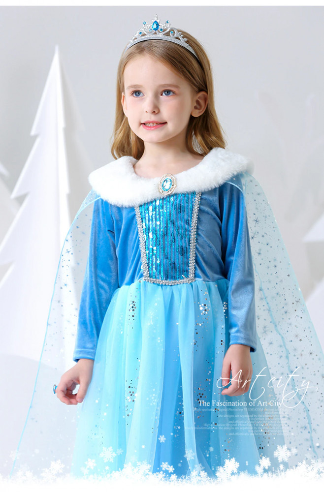 Rochie/rochita Elsa Frozen cu trena si blanita, 6-7 ani, 7-8 ani, 8-9 ani,  Bleu | Okazii.ro