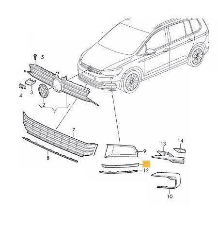 Ornament grila bara protectie VW Touran (5t), 05.2015-, Fata, partea Stanga, Texturat; negru, Aftermarket