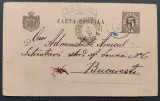 ROMANIA 1891 - Intreg Postal - 5 bani negru - circulat de la Husi la Bucuresti - Carta (Carte) Postala - model CP21a - expeditor V.N. Vasilache