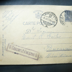 Carte Postala circulat 1943 Focsani - Bucuresti , cenzurat Focsani 6 ,fam.Goilav