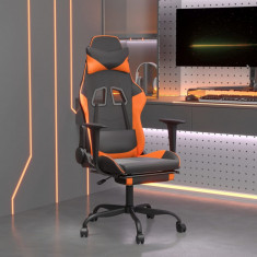 Scaun gaming masaj/suport picioare, negru/portocaliu, piele eco foto