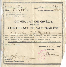 Certificat nationalitate greaca Consulatul Greciei in Romania 1936 foto