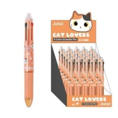 Pix erasable, multicolor, cu mecanism retractabil, 4 culori, cu design pisicuta portocalie, iTotal