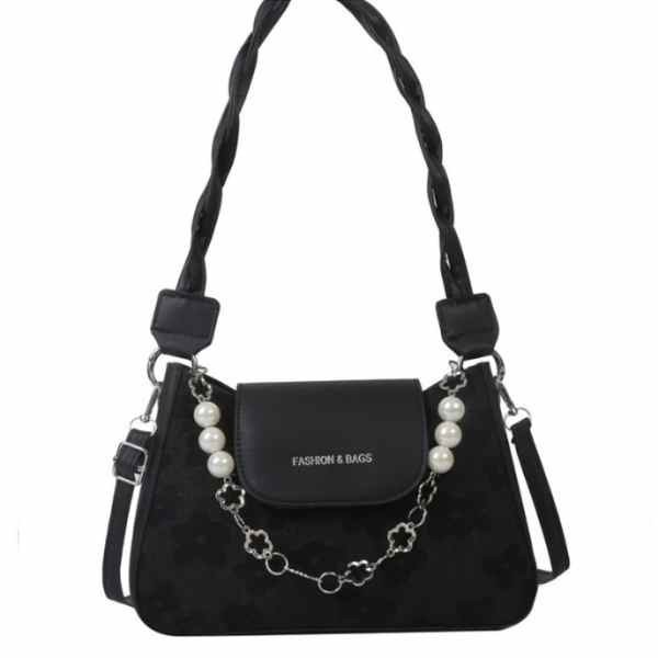 Geanta de Umar cu Perle, Model Elegant, Imprimeu Flori, Piele Ecologica, 3.5 x 16 x 6 cm, Negru
