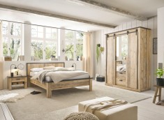 Set dormitor Sherwood, 4 piese, 180x200 cm, PAL melaminat, dulap cu uși glisante, 2 noptiere, stil rustic modern